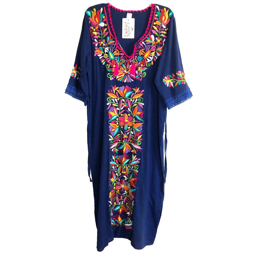 Solei Mexican Handmade Embrodered Maxi Dress Navy Blue Floral Tassel Size L